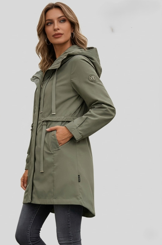 Khaki jarná parka s veľkou kapucňou