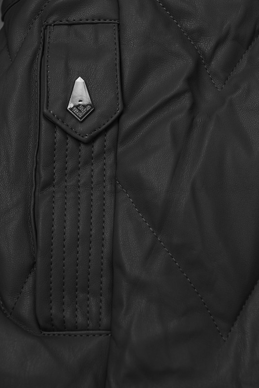 Zimný koženkový kabát s umelou kožušinou, čierny