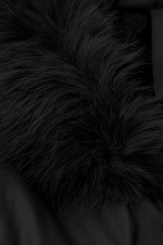 Zimný koženkový kabát s umelou kožušinou, čierny