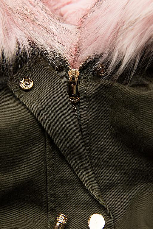 Khaki/ružová bavlnená parka s odnímateľnou podšívkou