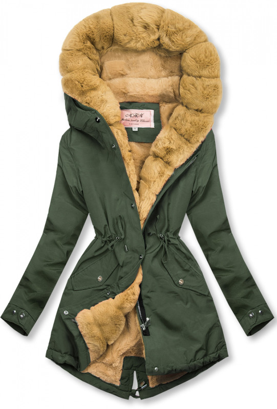 Khaki-béžová parka s kožušinovým lemom