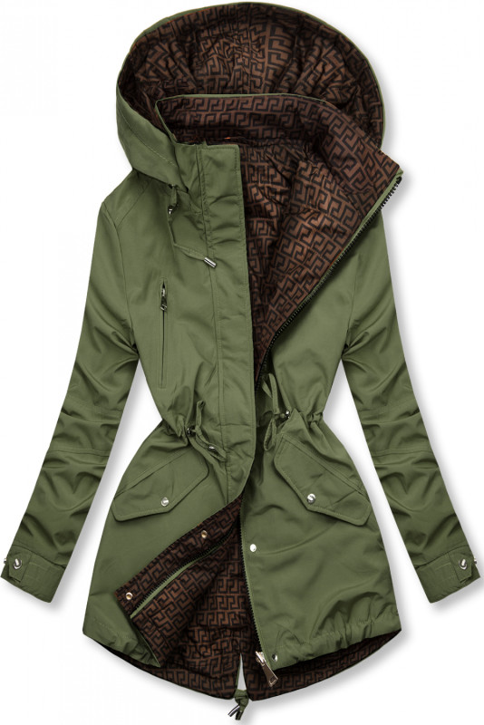 Khaki/hnedá obojstranná prechodná parka