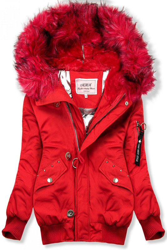 Červená bomber bunda s kožušinou