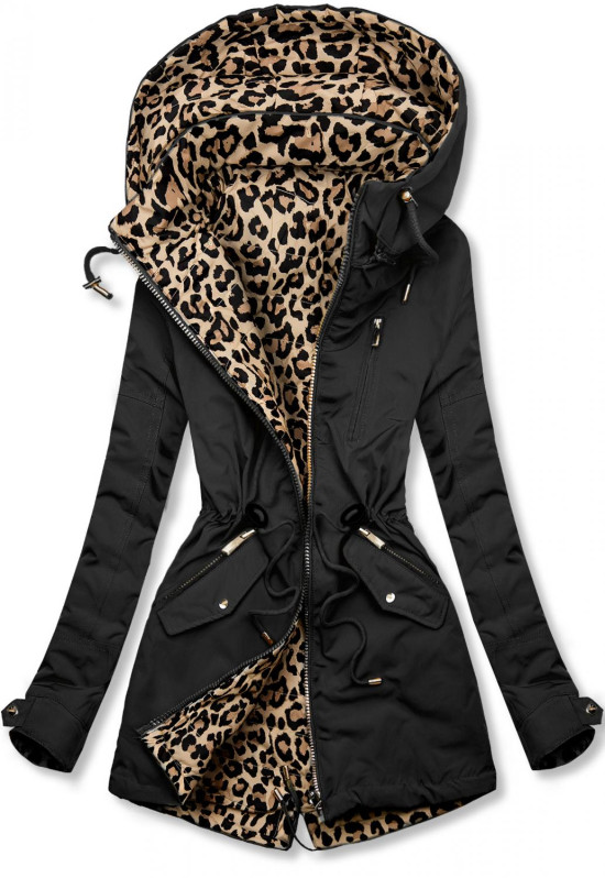 Čierna obojstranná parka s leopardím vzorom