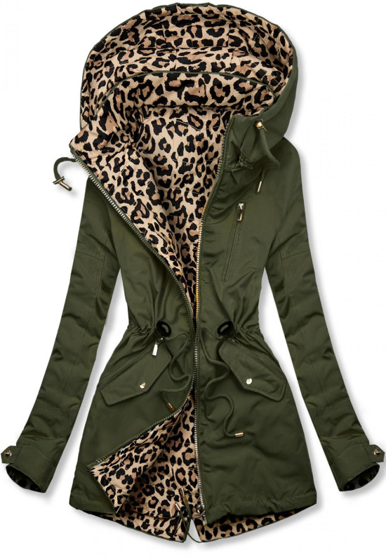 Khaki obojstranná parka s leopardím vzorom