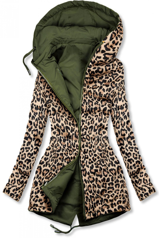 Khaki obojstranná parka s leopardím vzorom