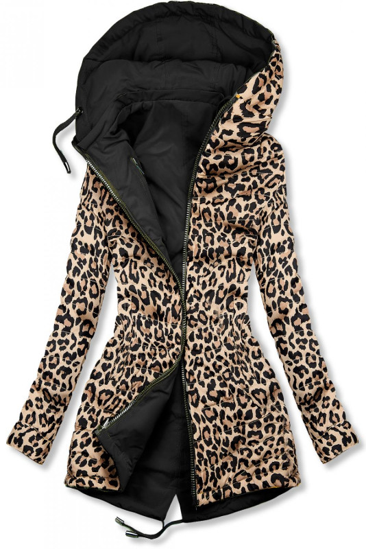Čierna obojstranná parka s leopardím vzorom