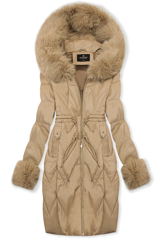 Zimný koženkový kabát s umelou kožušinou, béžový
