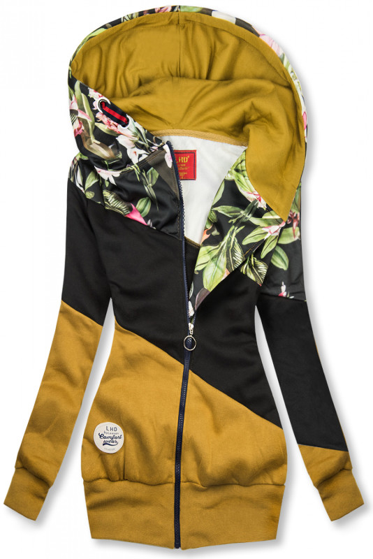 Mustard/čierna kvetinová mikina
