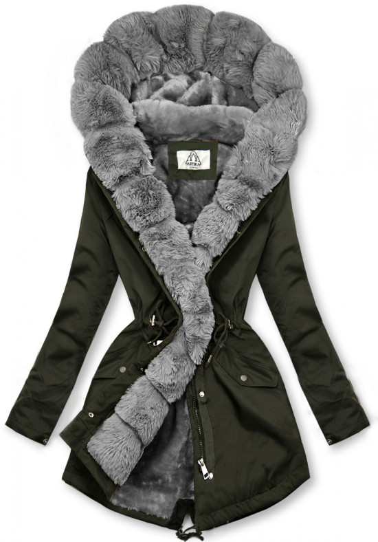 Khaki parka so sivým kožušinovým lemom