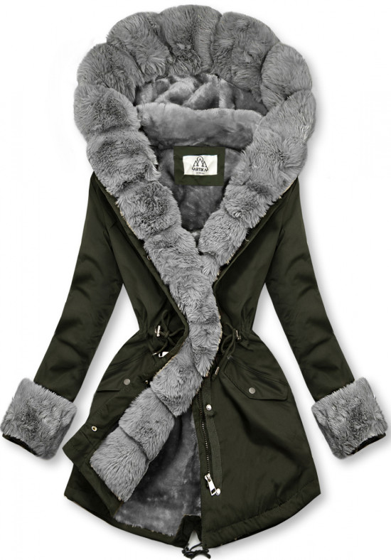 Khaki parka so sivým kožušinovým lemom
