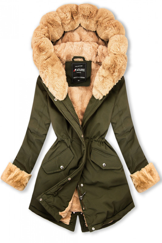 Khaki parka s béžovou kožušinovou podšívkou