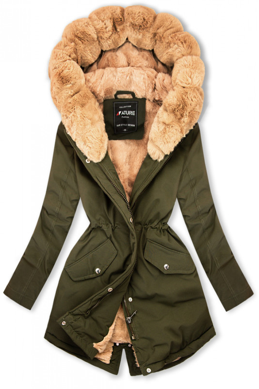 Khaki parka s béžovou kožušinovou podšívkou