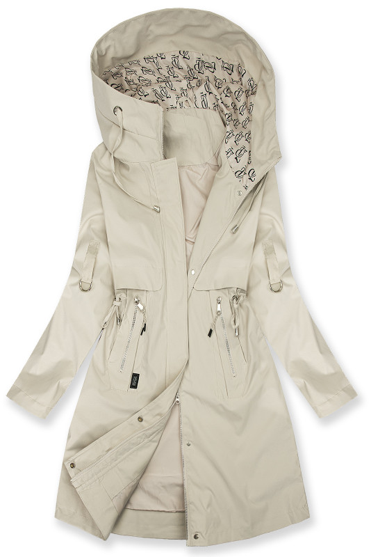 Predĺžená parka s potlačou v kapucni ecru