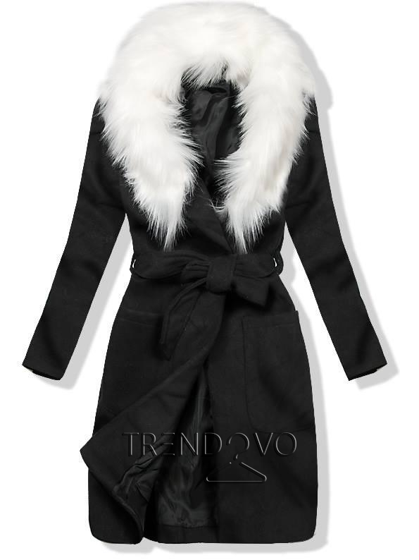 Čierny jesenný kabát s kožusinovým lemom