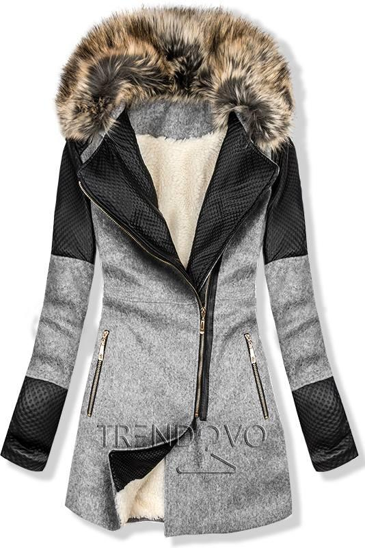 Svetlosivý zimný kabát s kožušinovou podšívkou