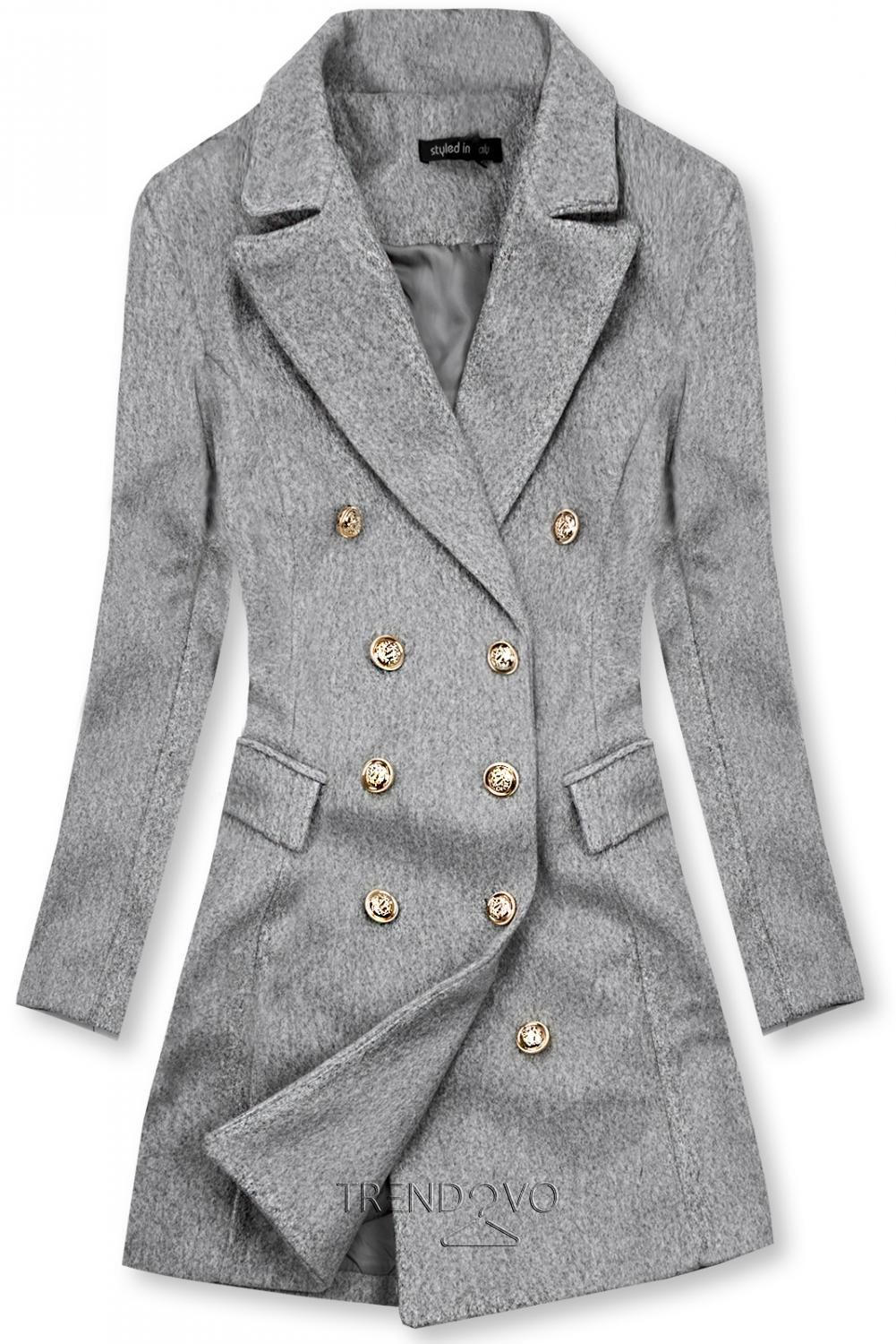 Elegantný jesenný kabát melírovaný sivý