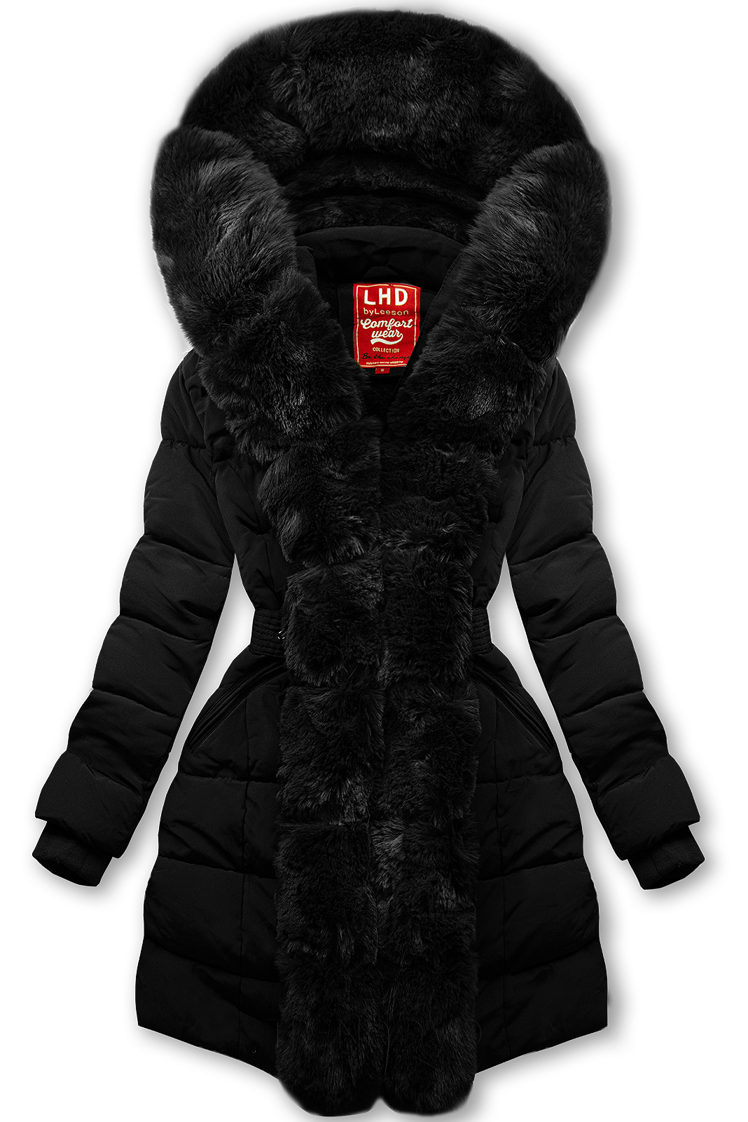 Čierna zimná bunda s opaskom a kožušinou
