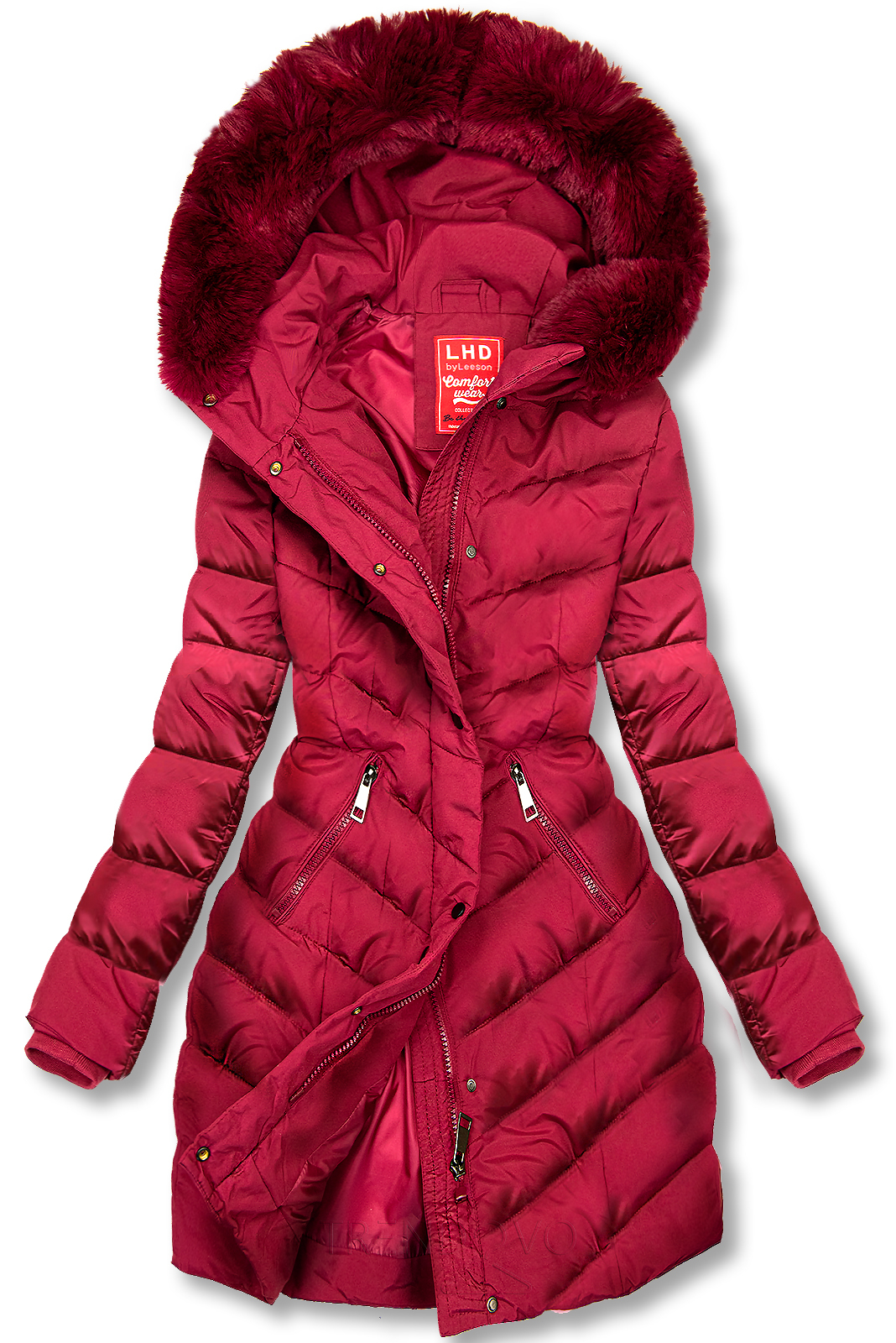 Vínovočervená zimná bunda tvarovaná pre širšie boky