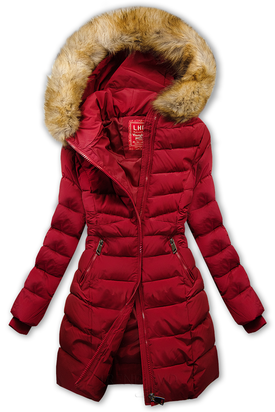 Vínovočervená prešívaná zimná bunda s kožušinou