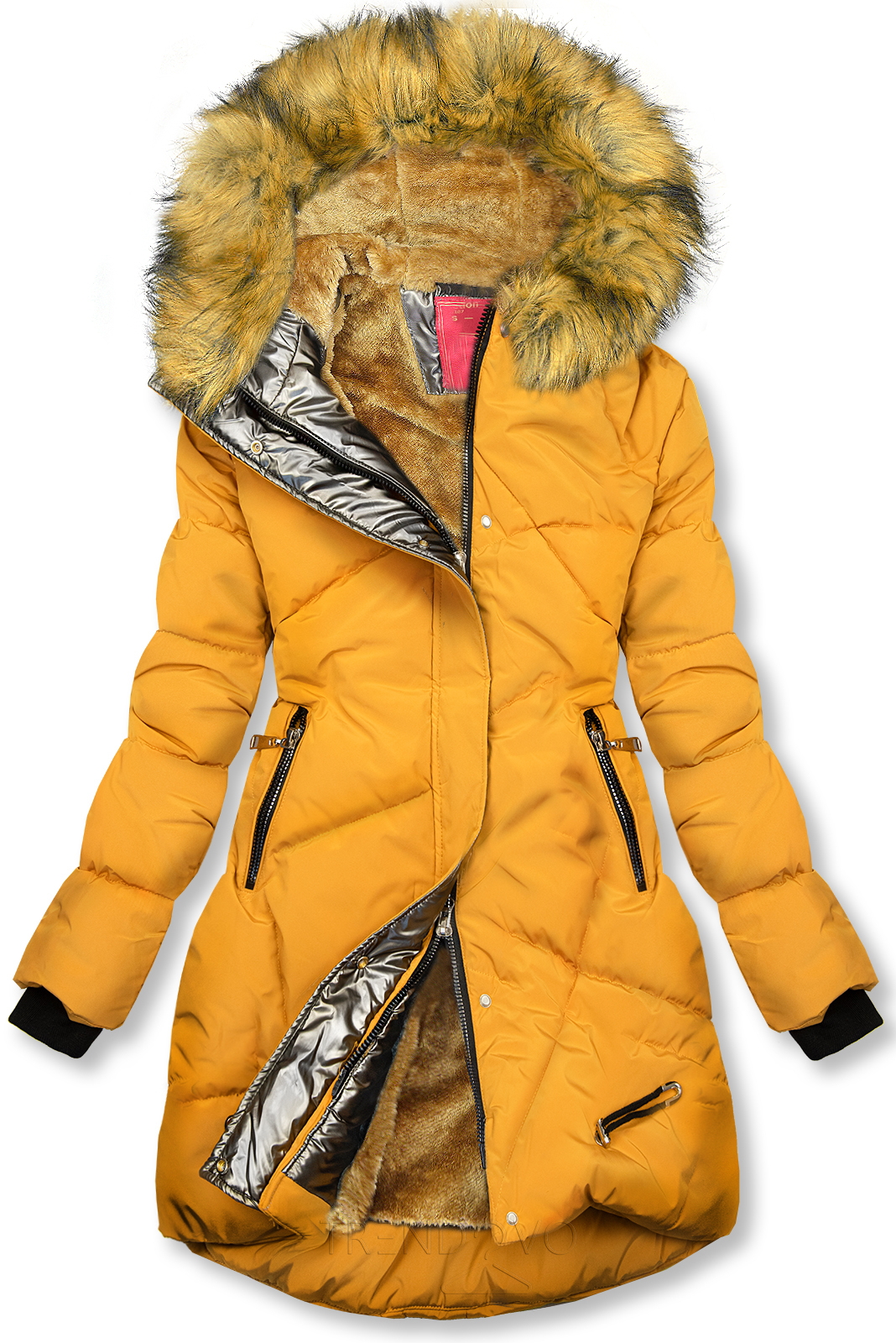 Žltá/karamelová zimná bunda so strieborným lemom