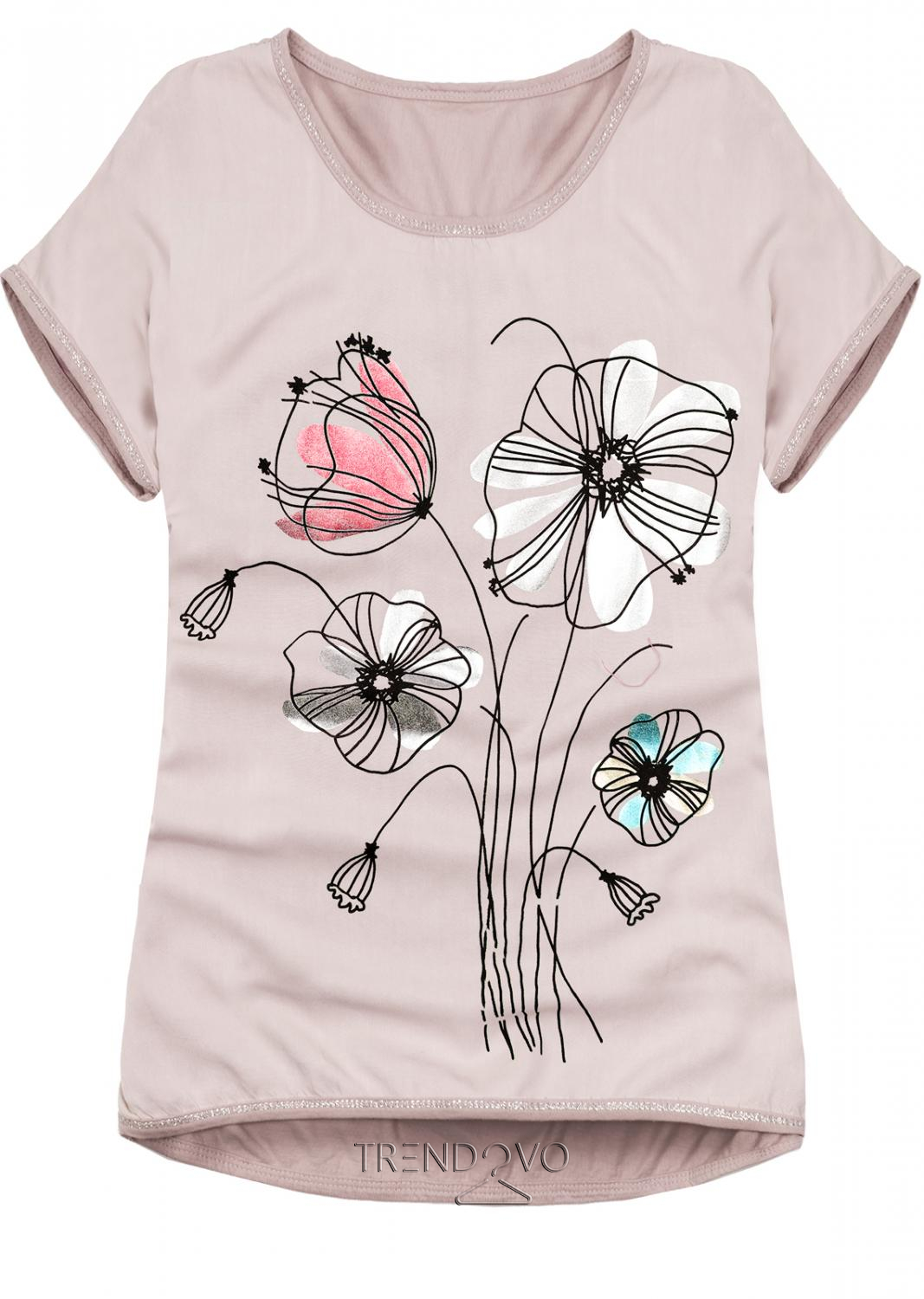 Svetloružové tričko s potlačou kvetov