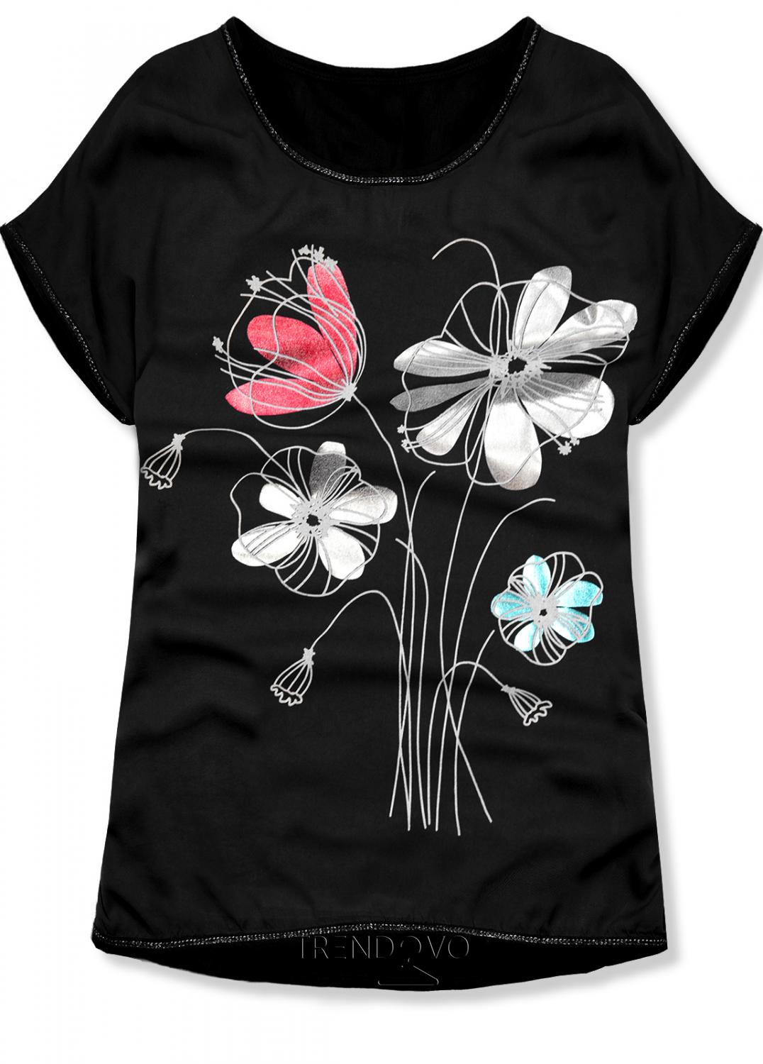 Čierne tričko s potlačou kvetov