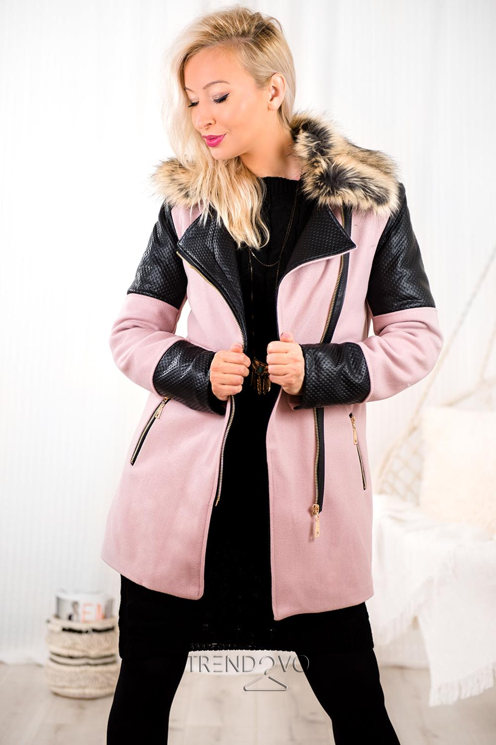 Ružový zimný kabát s kožušinovou podšívkou