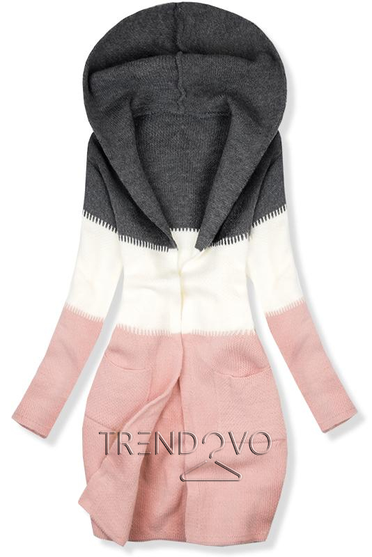 Pletený sveter s kapucňou grafit/biela/ružová