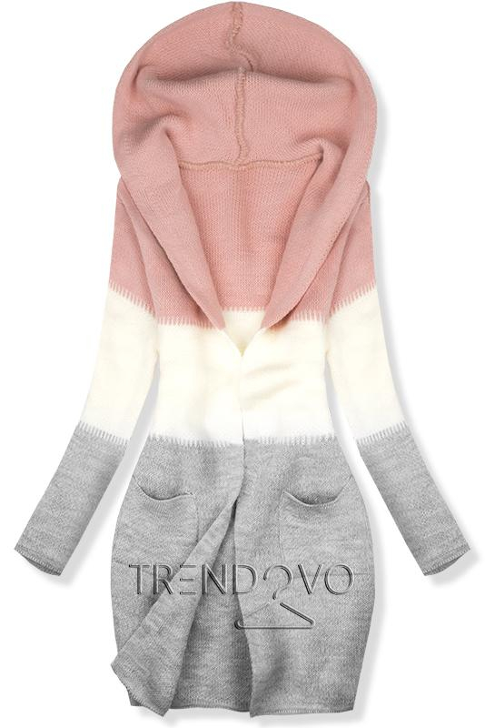 Pletený sveter s kapucňou ružová/biela/sivá
