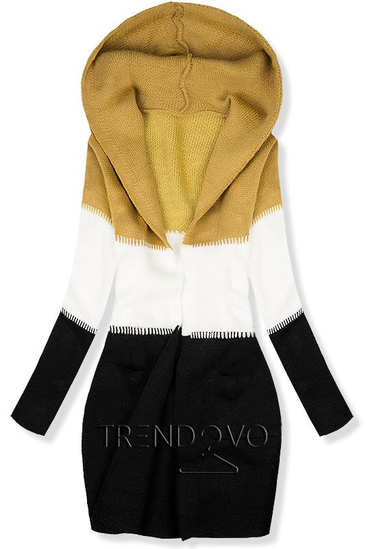Pletený sveter s kapucňou mustard/biela/čierna