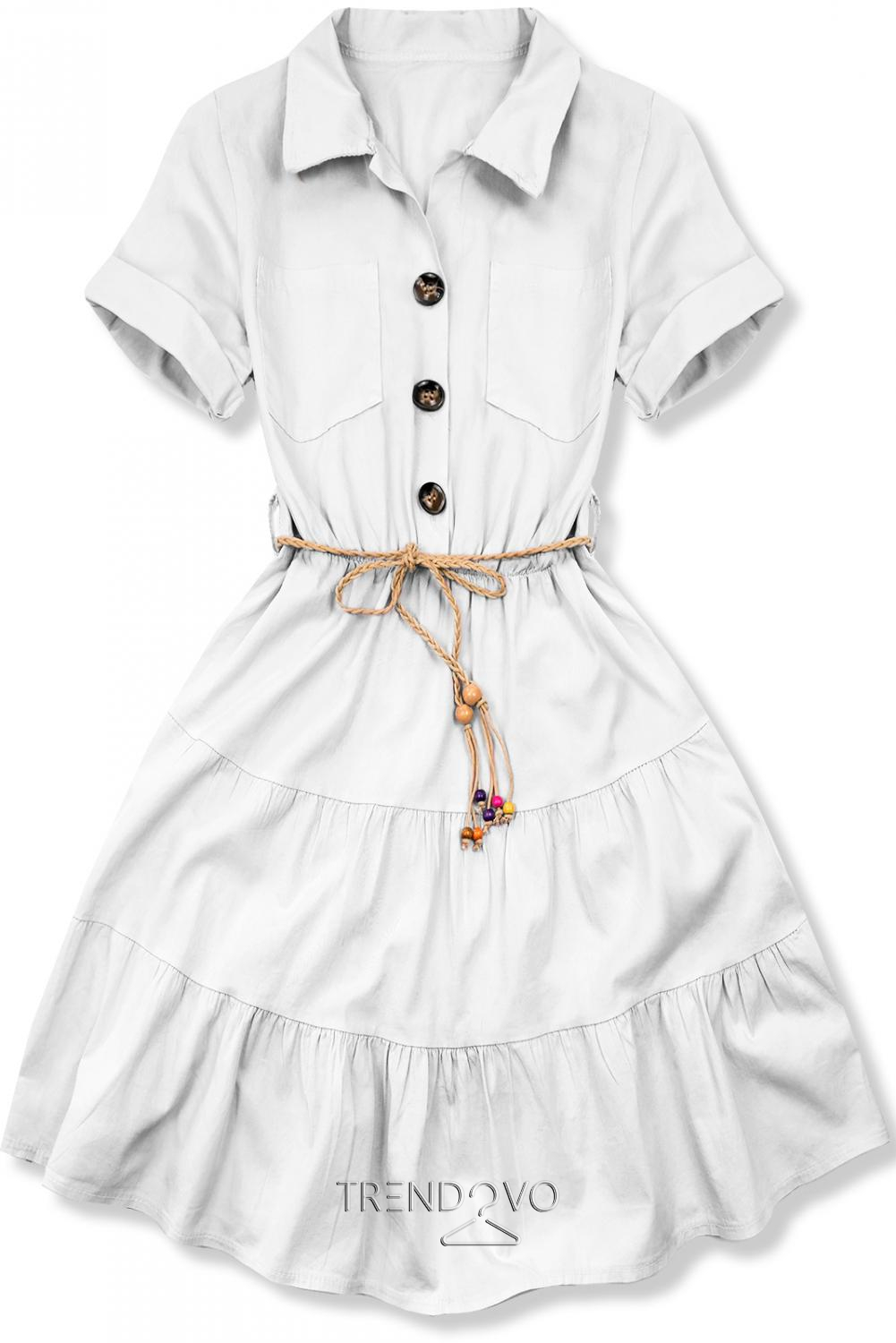 Košeľové biele šaty s pleteným opaskom