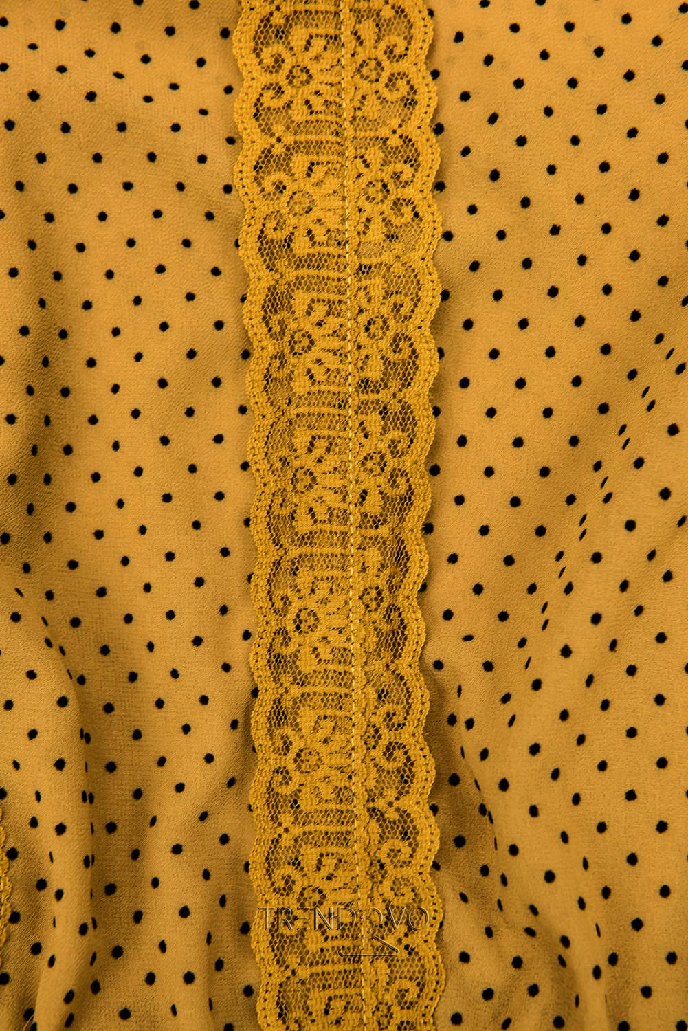 Mustard elegantné bodkované šaty