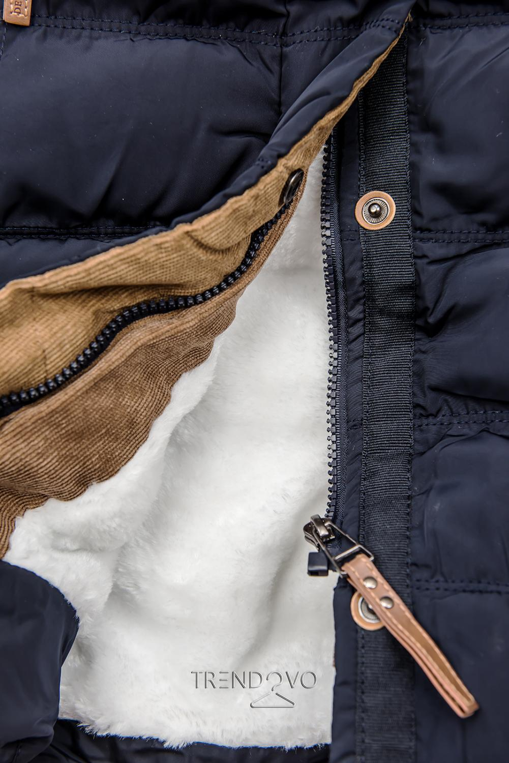 Tmavomodrá zimná prešívaná bunda s plyšom