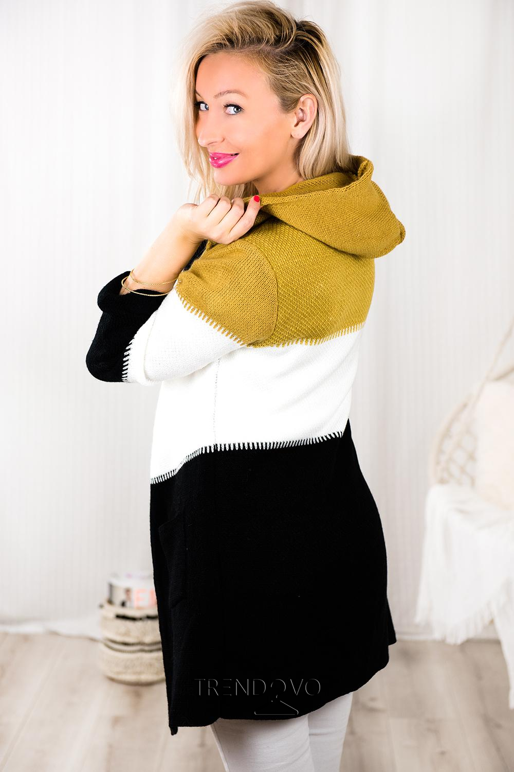 Pletený sveter s kapucňou mustard/biela/čierna