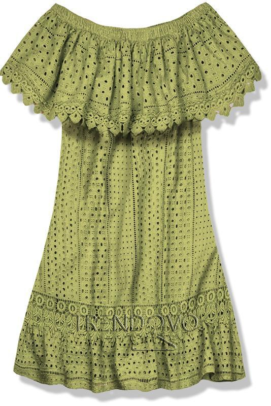 Olivovozelené letné šaty s odhalenými ramenami