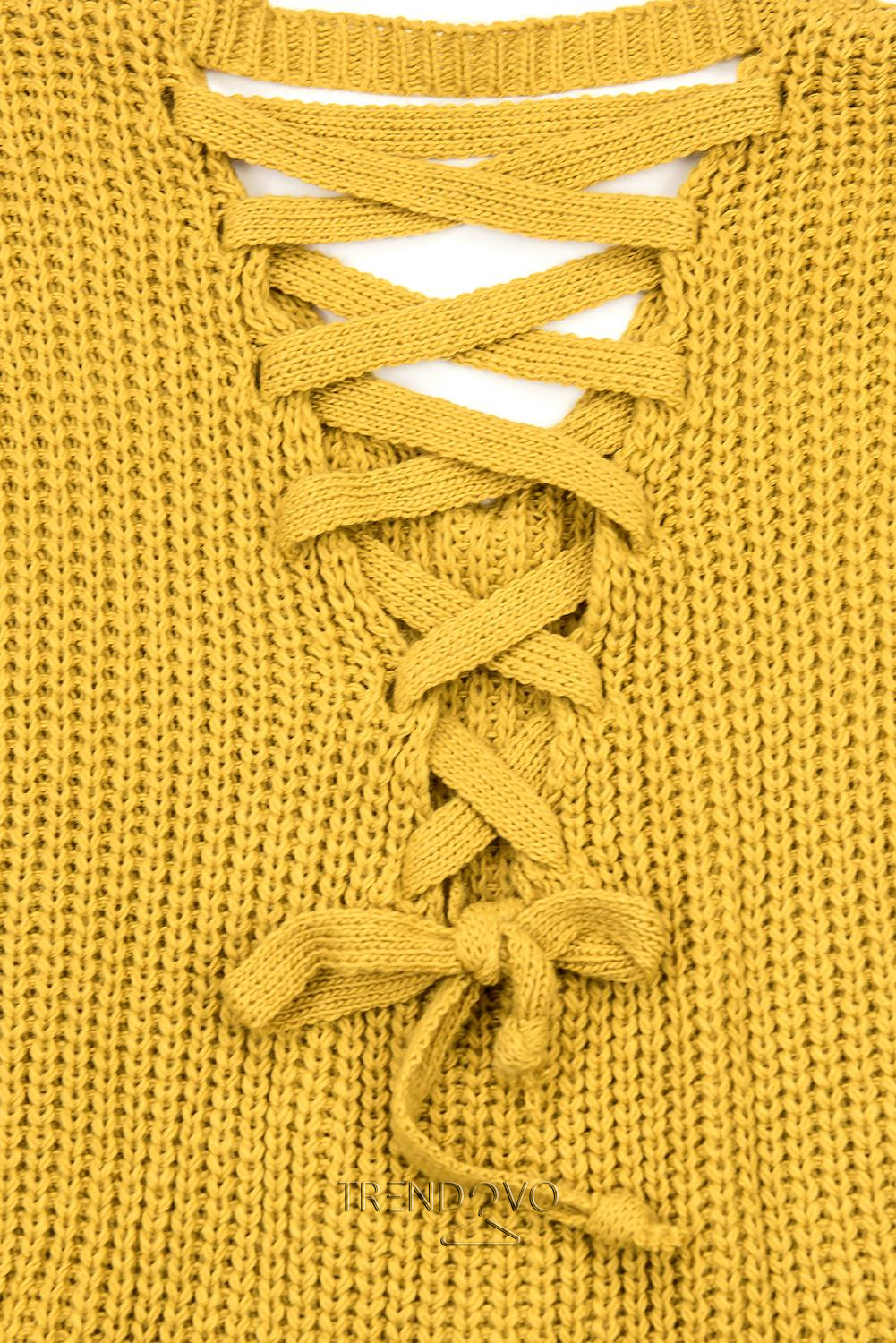 Horčicovožltý sveter so šnurovačkou