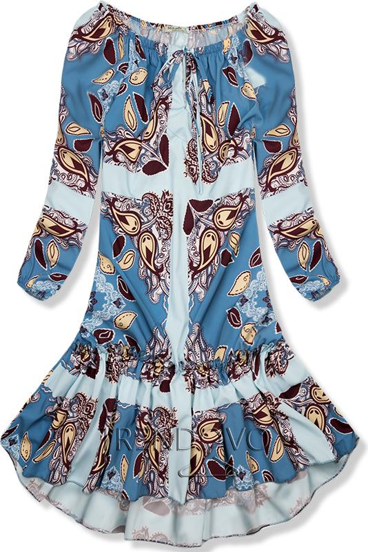 Modré vzorované šaty s volánovou sukňou