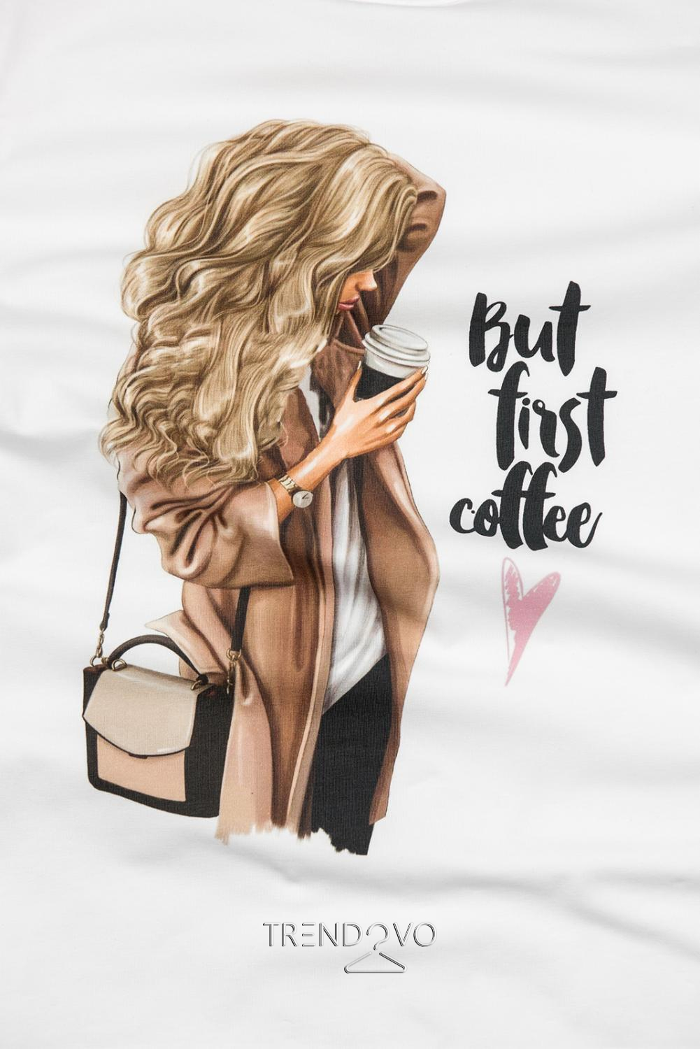 Bielo-béžové tričko But first coffee