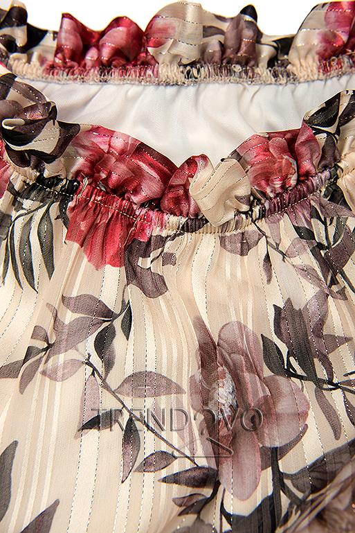 Béžové kvetinové šaty so stuhou v páse