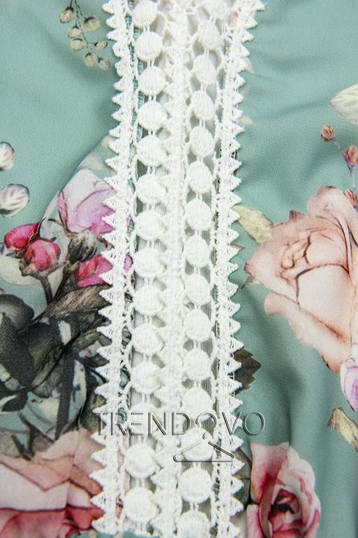 Mätovozelené kvetinové šaty s volánmi a čipkou
