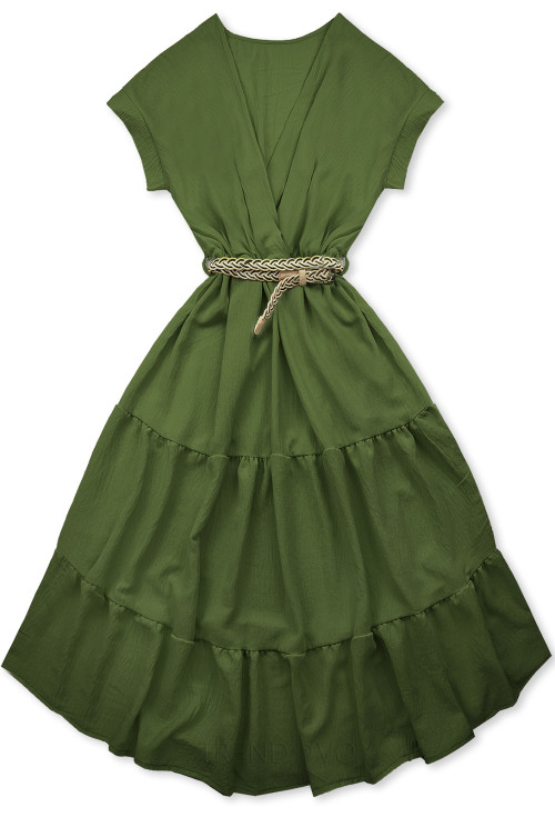Olivovozelené midi letné šaty s opaskom