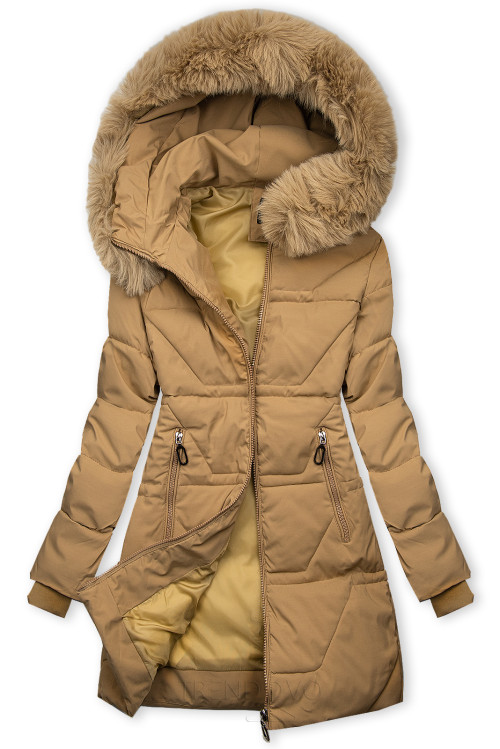 Béžová prešívaná bunda na zimu s kapucňou