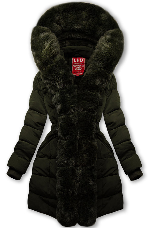 Tmavozelená zimná bunda s opaskom a kožušinou