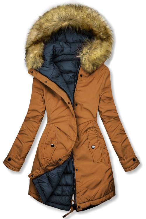 Obojstranná zimná bunda s kožušinou hnedá/modrá
