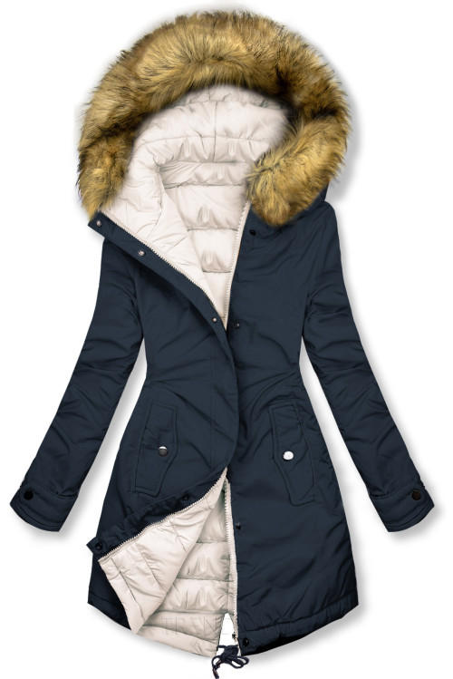 Obojstranná zimná bunda s kožušinou tmavomodrá/ecru