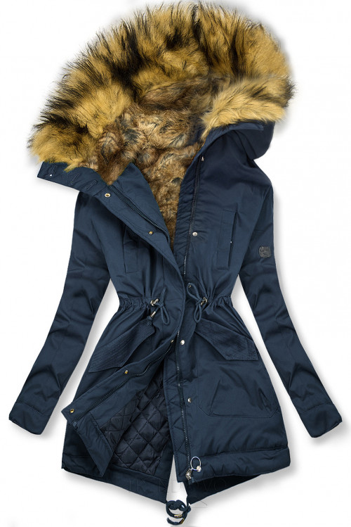Tmavomodrá zimná bunda s vysokým golierom a kožušinou