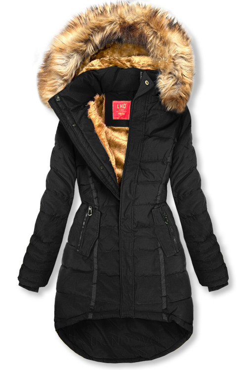 Čierna prešívaná zimná bunda s kapucňou