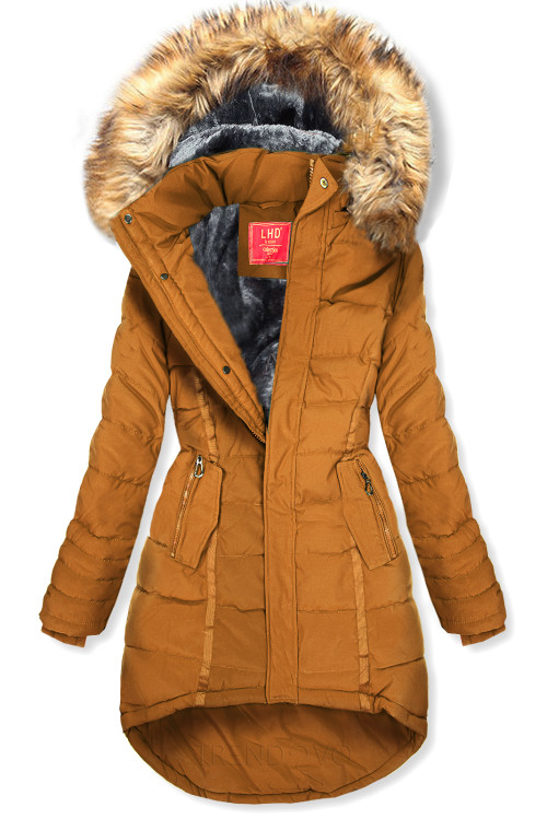 Karamelová prešívaná zimná bunda s kapucňou