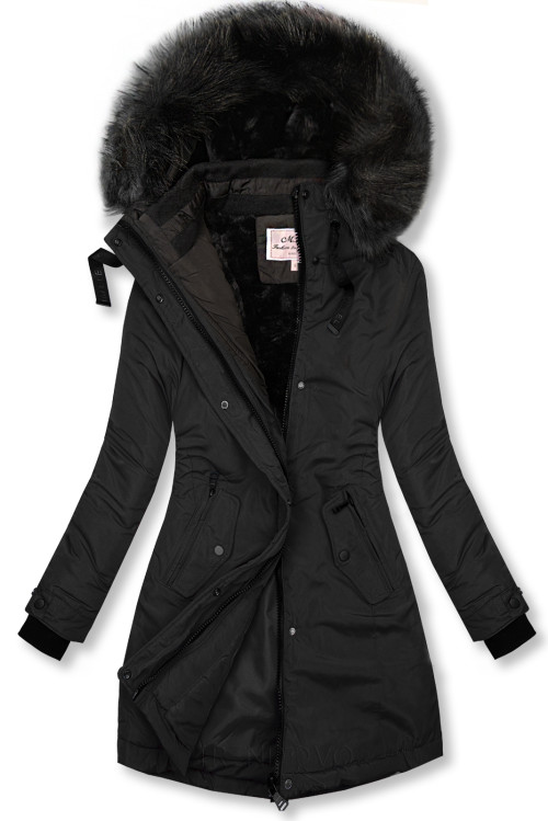 Čierna predĺžená zimná bunda s čiernou kožušinou